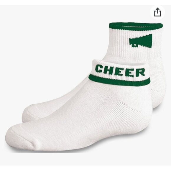 Cheer White Green Turn Down Crew Socks Megaphone “Cheer” Shoe Size 4-7 - Picture 1 of 6